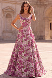Fuchsia Jacquard Ruched A Line Scoop Neck Long Prom Dress with Pearls