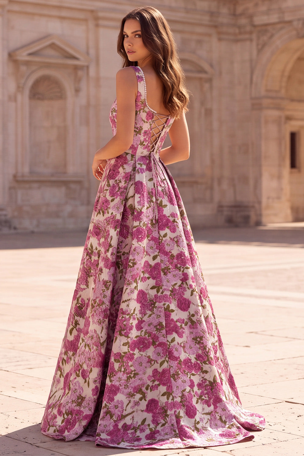 Fuchsia Jacquard Ruched A Line Scoop Neck Long Prom Dress with Pearls
