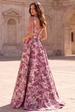 Fuchsia Jacquard Ruched A Line Scoop Neck Long Prom Dress with Pearls