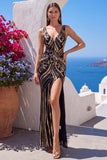 Black Golden Floral Cut Out V-Neck Sequins Long Formal Dress with Slit