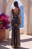Black Golden Floral Cut Out V-Neck Sequins Long Formal Dress with Slit
