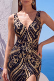 Black Golden Floral Cut Out V-Neck Sequins Long Formal Dress with Slit