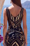 Black Golden Floral Cut Out V-Neck Sequins Long Formal Dress with Slit