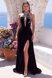 Black Halter Keyhole Velvet Beaded Long Formal Dress with Slit