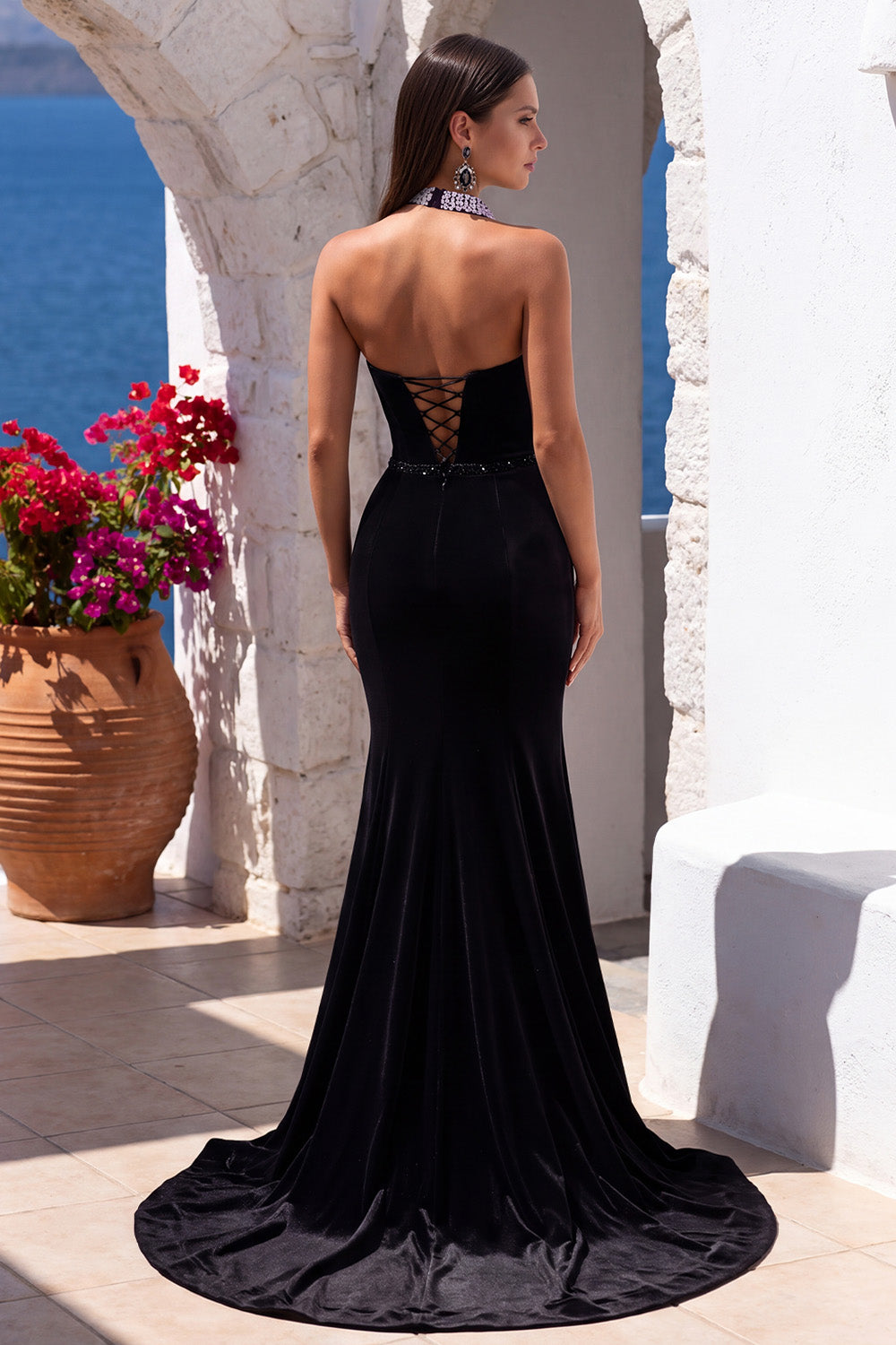 Black Halter Keyhole Velvet Beaded Long Formal Dress with Slit