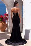 Black Halter Keyhole Velvet Beaded Long Formal Dress with Slit