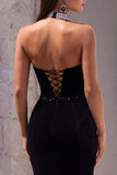 Black Halter Keyhole Velvet Beaded Long Formal Dress with Slit