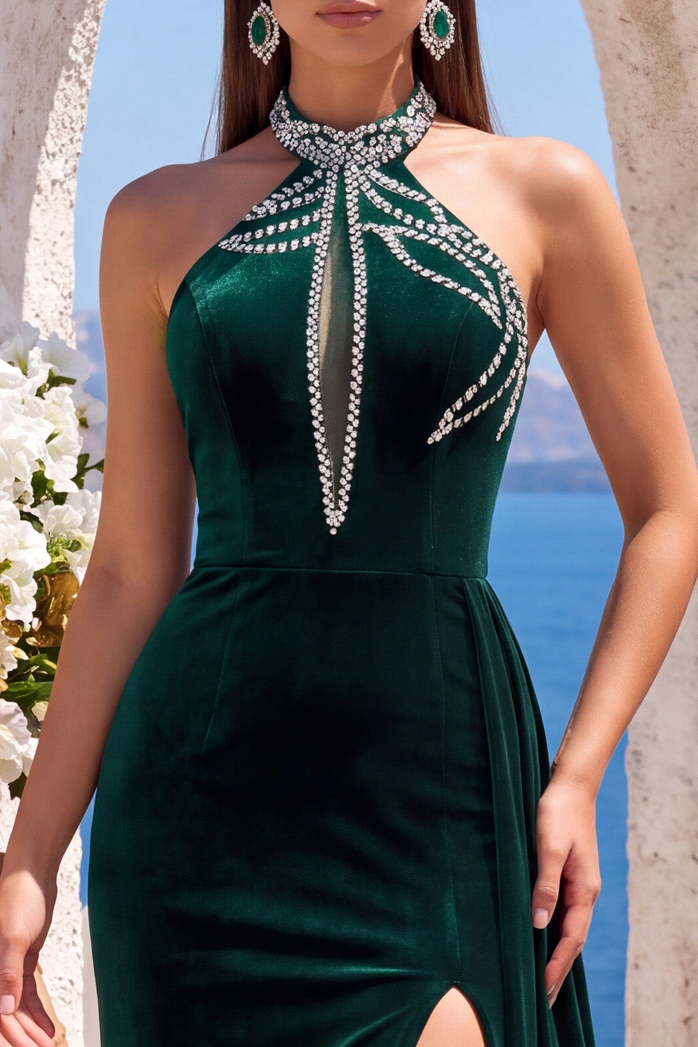 Black Halter Keyhole Velvet Beaded Long Formal Dress with Slit