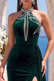 Black Halter Keyhole Velvet Beaded Long Formal Dress with Slit