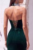 Black Halter Keyhole Velvet Beaded Long Formal Dress with Slit