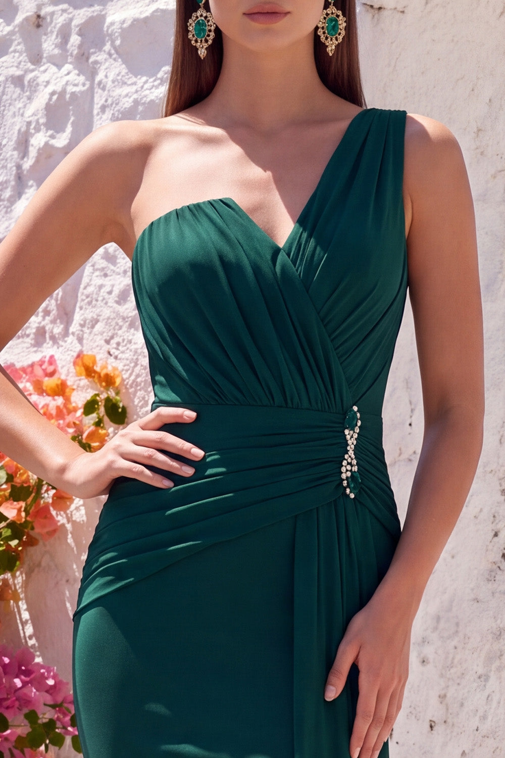 Dark Green Chiffon One Shoulder Ruched Long Formal Dress with Rhinestone