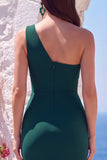 Dark Green Chiffon One Shoulder Ruched Long Formal Dress with Rhinestone