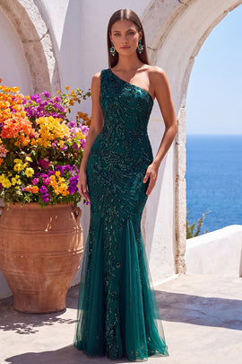 Dark Green Mermaid One Shoulder Beaded Long Formal Dress