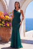 Dark Green Mermaid One Shoulder Beaded Long Formal Dress