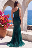 Dark Green Mermaid One Shoulder Beaded Long Formal Dress