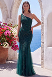 Dark Green Mermaid One Shoulder Beaded Long Formal Dress