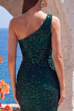 Dark Green Mermaid One Shoulder Beaded Long Formal Dress