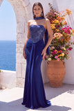 Navy Sequin Mermaid Ruched Long Formal Dress with Neck Scarf