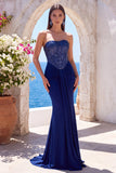 Navy Sequin Mermaid Ruched Long Formal Dress with Neck Scarf