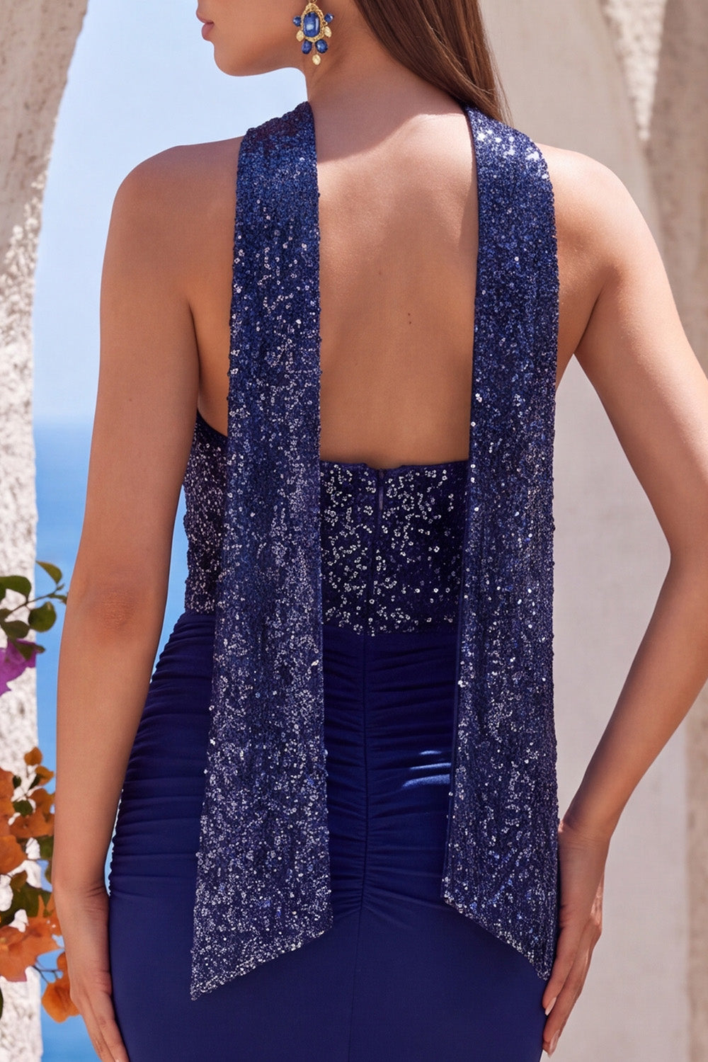 Navy Sequin Mermaid Ruched Long Formal Dress with Neck Scarf
