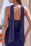 Navy Sequin Mermaid Ruched Long Formal Dress with Neck Scarf