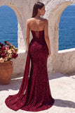 Sparkly Dark Red Sequin Mermaid Ruched Long Formal Dress with Slit