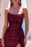 Sparkly Dark Red Sequin Mermaid Ruched Long Formal Dress with Slit