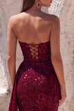 Sparkly Dark Red Sequin Mermaid Ruched Long Formal Dress with Slit