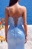 Blue Corset Mermaid Satin Ruched Long Formal Dress with Rhinestone