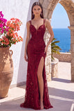 Burgundy Corset Sequin Appliqued V-Neck Long Formal Dress with Slit