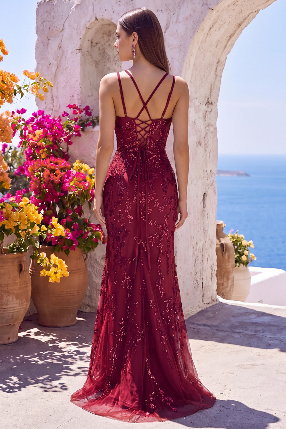 Burgundy Corset Sequin Appliqued V-Neck Long Formal Dress with Slit