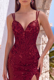 Burgundy Corset Sequin Appliqued V-Neck Long Formal Dress with Slit