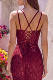 Burgundy Corset Sequin Appliqued V-Neck Long Formal Dress with Slit