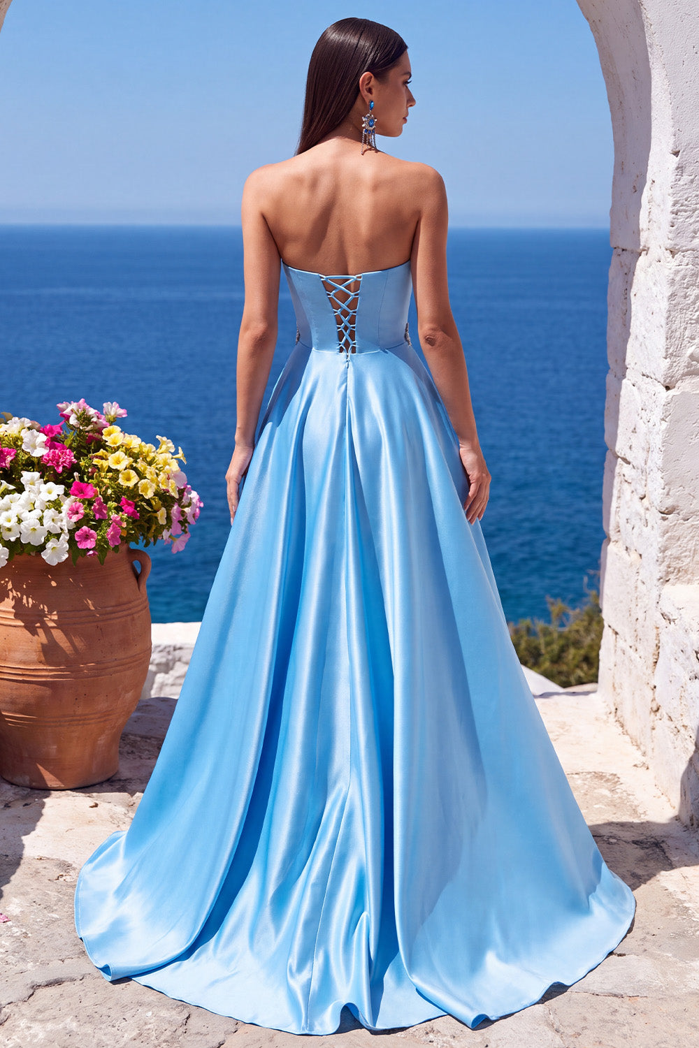 Blue Floral Satin A-Line Ruched Long Formal Dress with Slit
