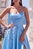 Blue Floral Satin A-Line Ruched Long Formal Dress with Slit
