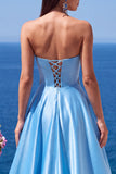 Blue Floral Satin A-Line Ruched Long Formal Dress with Slit