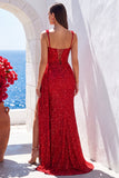 Sparkly Sequin Red Square Neck Ruched Long Formal Dress with Slit