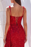 Sparkly Sequin Red Square Neck Ruched Long Formal Dress with Slit