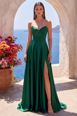 Dark Green Corset Satin A-Line Sweetheart Long Formal Dress with Slit