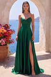 Dark Green Corset Satin A-Line Sweetheart Long Formal Dress with Slit