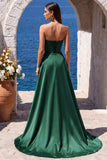 Dark Green Corset Satin A-Line Sweetheart Long Formal Dress with Slit