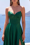 Dark Green Corset Satin A-Line Sweetheart Long Formal Dress with Slit