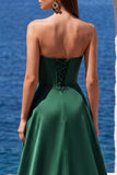 Dark Green Corset Satin A-Line Sweetheart Long Formal Dress with Slit