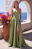 Dark Green Corset Satin A-Line Sweetheart Long Formal Dress with Slit