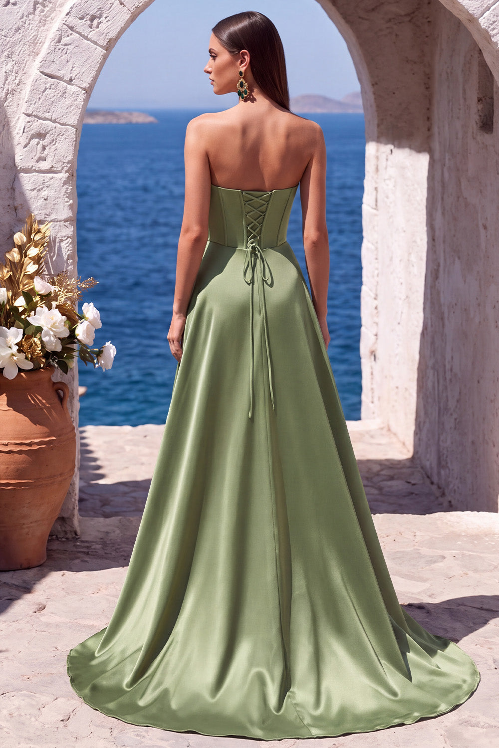 Dark Green Corset Satin A-Line Sweetheart Long Formal Dress with Slit