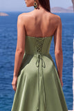 Dark Green Corset Satin A-Line Sweetheart Long Formal Dress with Slit