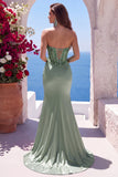 Green Satin Sequin Strapless Mermaid Ruched Long Formal Dress with Slit
