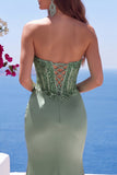 Green Satin Sequin Strapless Mermaid Ruched Long Formal Dress with Slit