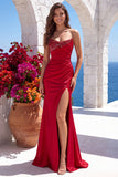 Green Satin Sequin Strapless Mermaid Ruched Long Formal Dress with Slit