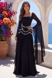 Black A-Line Square Neck Flare Sleeves Long Formal Dress with Beading
